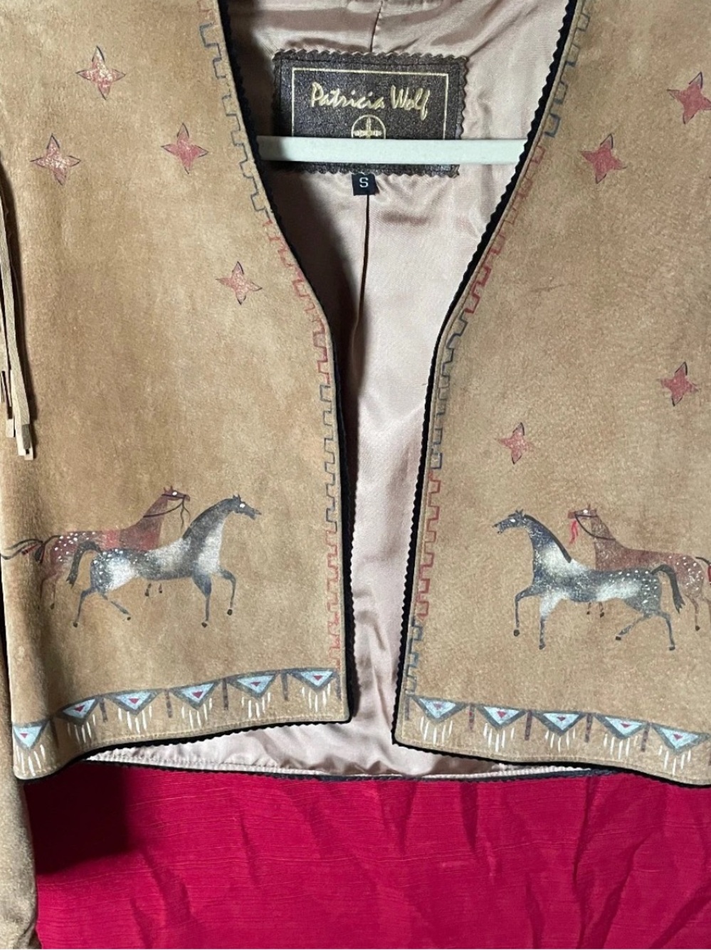 Patricia Wolf hand painted suede jacket fringe horses Indian ponies RTL $425 S - Picture 7 of 8